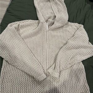 Aritzia Cream Crochet Zip-Up Hooded Cardigan